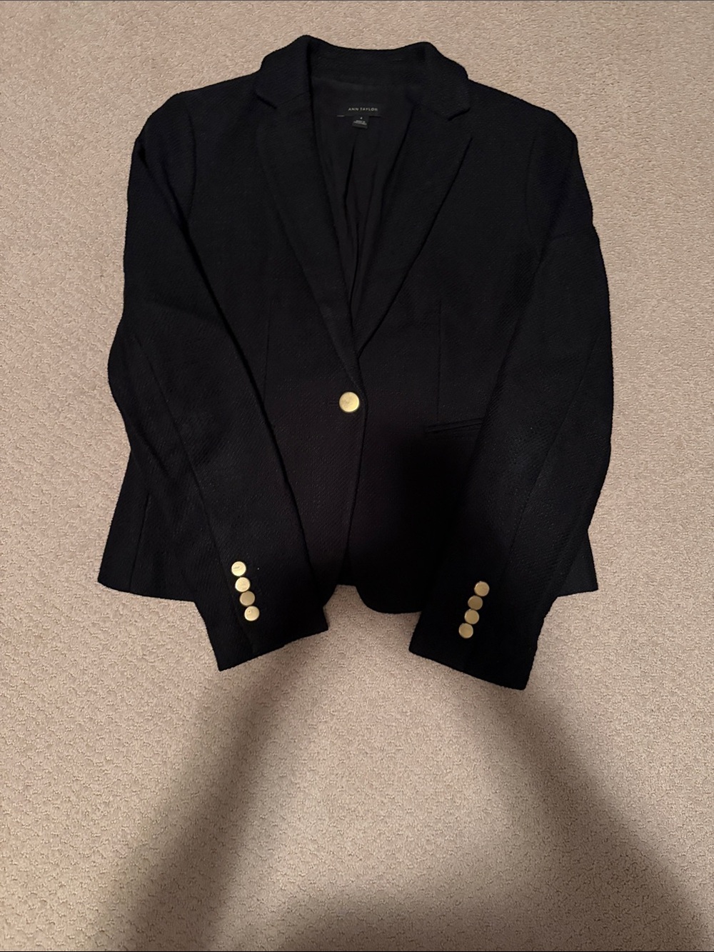 Ann Taylor Black Newbury Tweed Blazer with Gold Accent Buttons